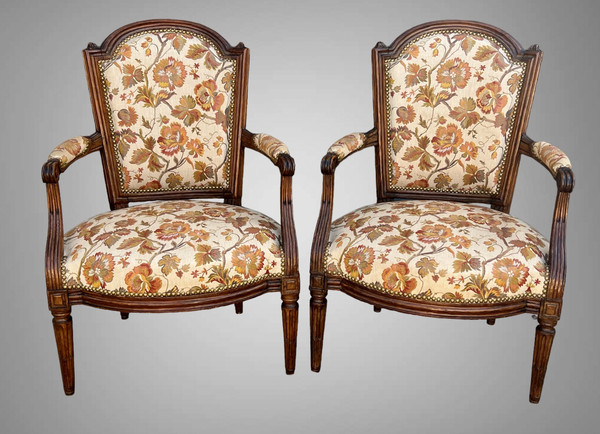 PAIR OF EIGHTEENTH CENTURY LOUIS XVI CABRIOLET CHAIRS WITH UMBRELLATED BEECH BACKS