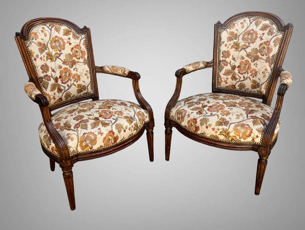 PAIR OF EIGHTEENTH CENTURY LOUIS XVI CABRIOLET CHAIRS WITH UMBRELLATED BEECH BACKS