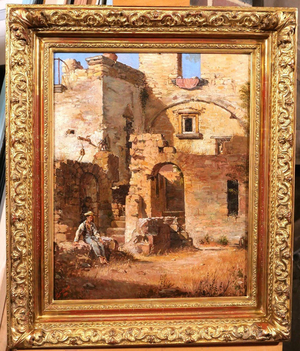 Federico WENZEL, Italy, young man in the ruins, painting, 1863