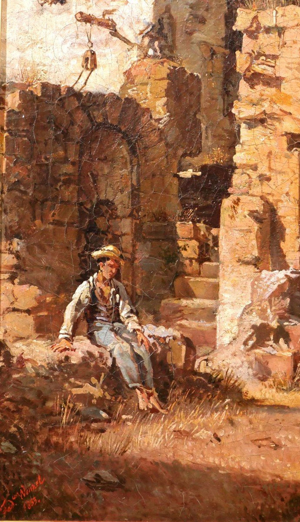 Federico WENZEL, Italy, young man in the ruins, painting, 1863