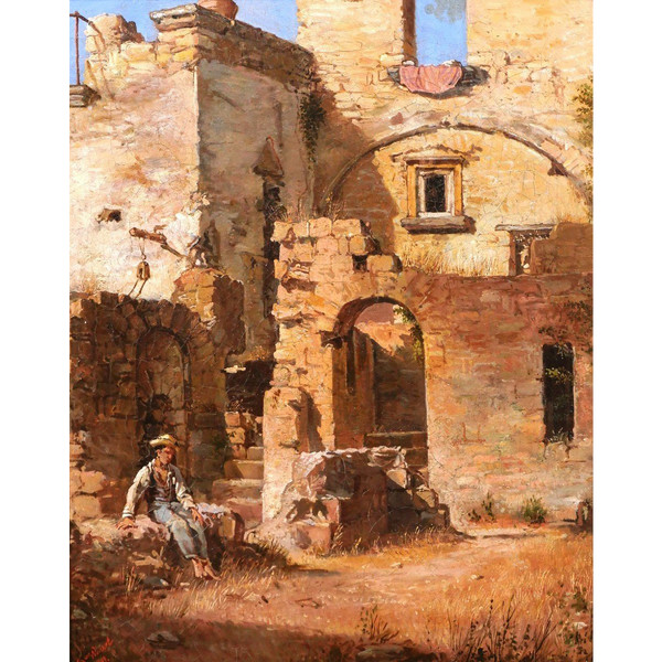 Federico WENZEL, Italy, young man in the ruins, painting, 1863