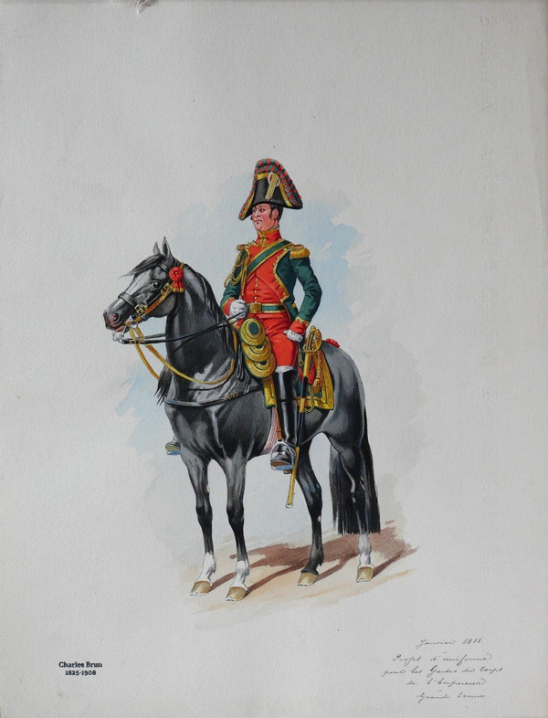 Charles BRUN 1825-1908 Uniform of the Bodyguards of the Emperor Napoleon, drawing, horse