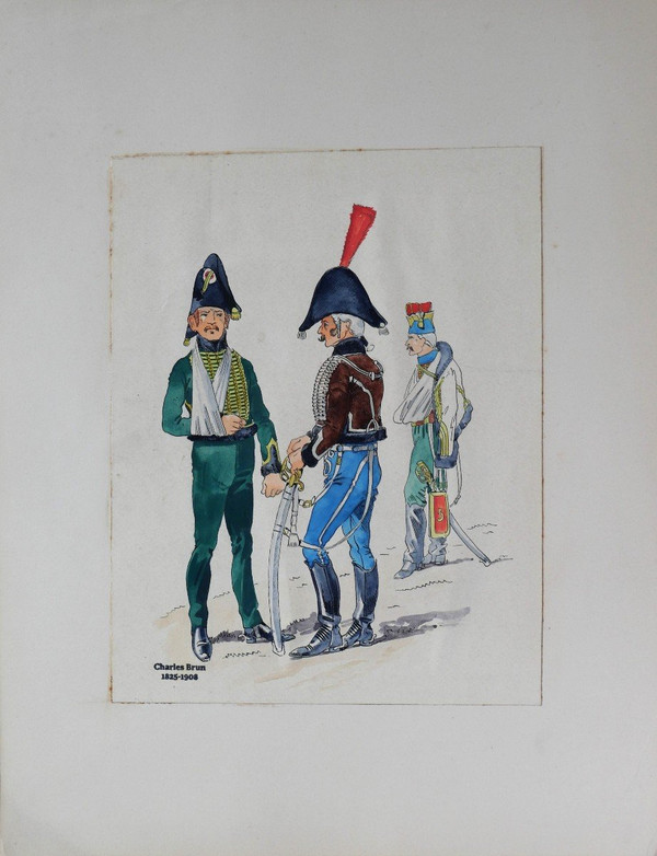 Charles BRUN 1825-1908 three soldiers in uniform, drawing, Napoleon, Empire