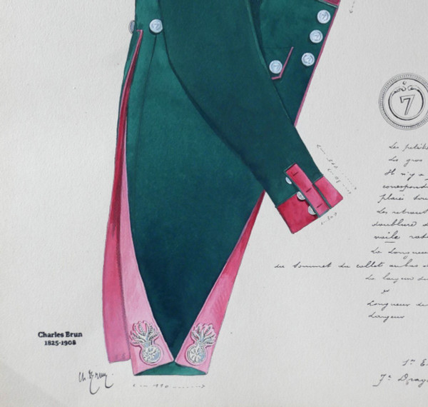 Charles BRUN 1825-1908 Uniforme del 7° Dragoni, disegno, Napoleone, Impero