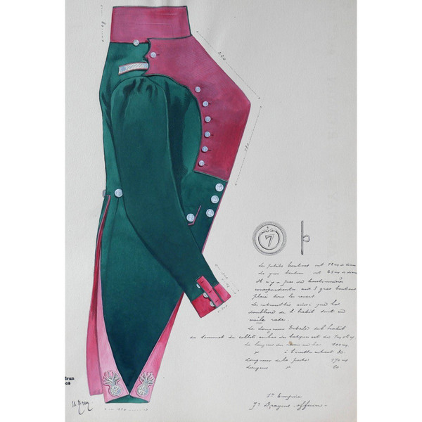 Charles BRUN 1825-1908 Uniforme del 7° Dragoni, disegno, Napoleone, Impero