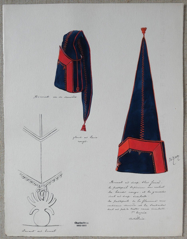 Charles BRUN 1825-1908 Bonnet d'uniforme d'artilleur du 1er Empire, dessin, Napoléon