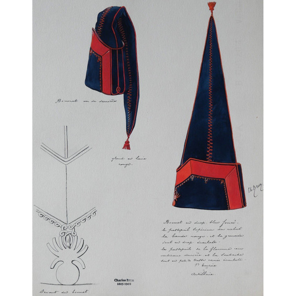 Charles BRUN 1825-1908 Bonnet d'uniforme d'artilleur du 1er Empire, dessin, Napoléon