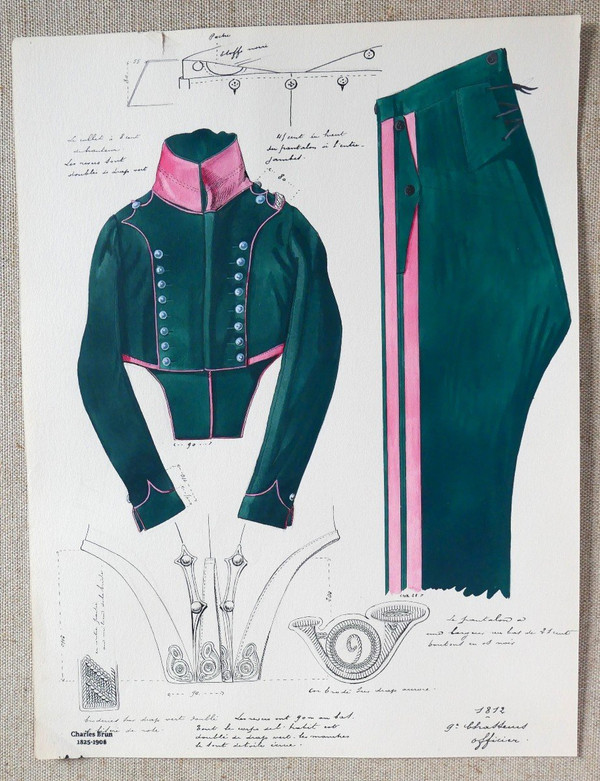 Charles BRUN 1825-1908 Uniform eines Offiziers des 9. Jägers, 1812, Zeichnung, Napoleon, Empire