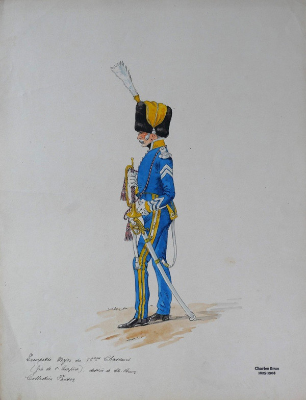 Charles BRUN 1825-1908 Uniforme de trompette Major du 15e Chasseurs, drawing, Napoleon, Empire