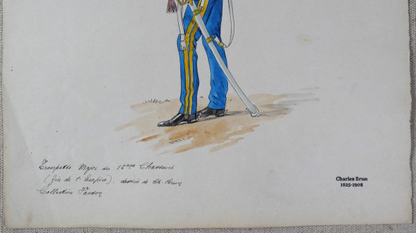 Charles BRUN 1825-1908 Uniforme de trompette Major du 15e Chasseurs, drawing, Napoleon, Empire