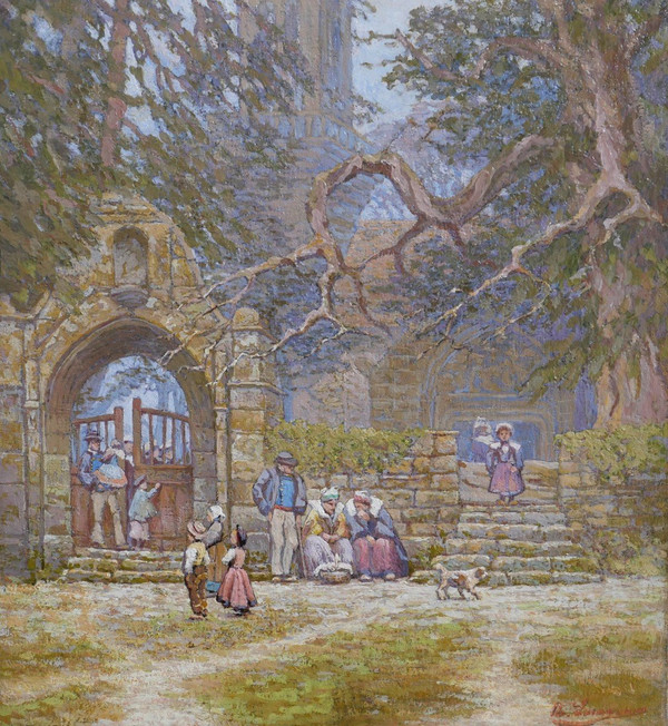 Breton school circa 1900, Brittany, leaving the church, painting signed