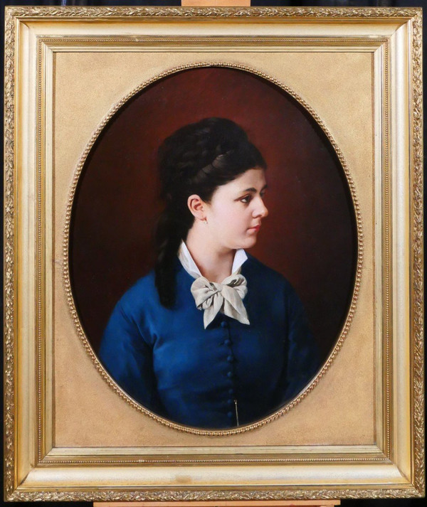 Scuola francese del 1870 circa, Ritratto di donna in abito blu, dipinto