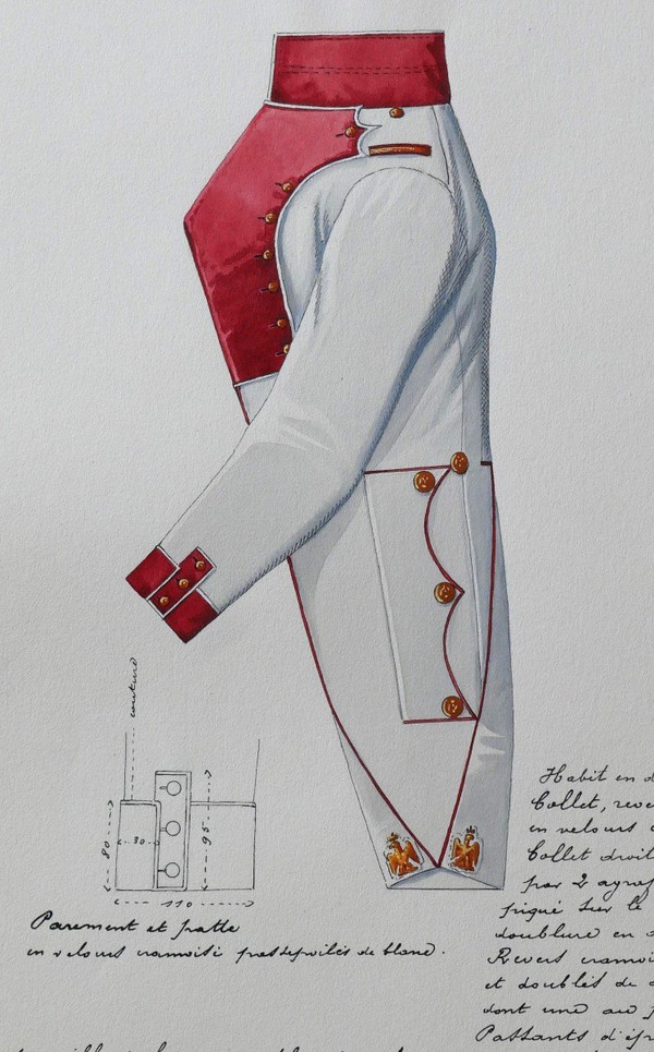 Charles BRUN 1825-1908 Uniforme da ufficiale granatiere olandese, disegno, Napoleone, Impero