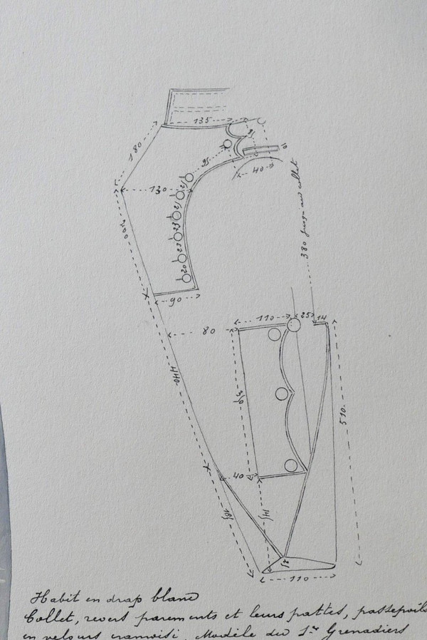 Charles BRUN 1825-1908 Uniforme da ufficiale granatiere olandese, disegno, Napoleone, Impero