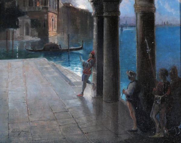 Guino Fedreghini 1861-1945 Venice, night scene, painting, 1888