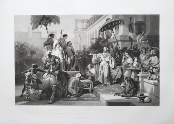 The Queen Of Sheba And Solomon Orientalist Engraving After Schopin 19th C Etching Old Print