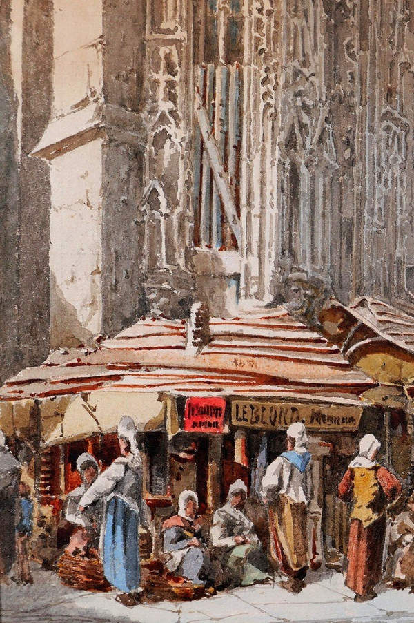 A. CARDINAL, 19th century, Caen, the market, drawing, circa 1880