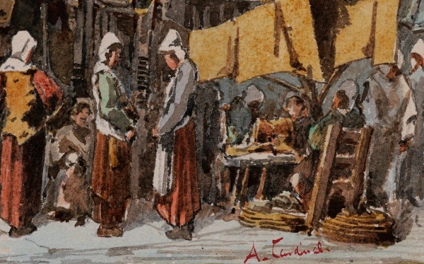 A. CARDINAL, 19th century, Caen, the market, drawing, circa 1880