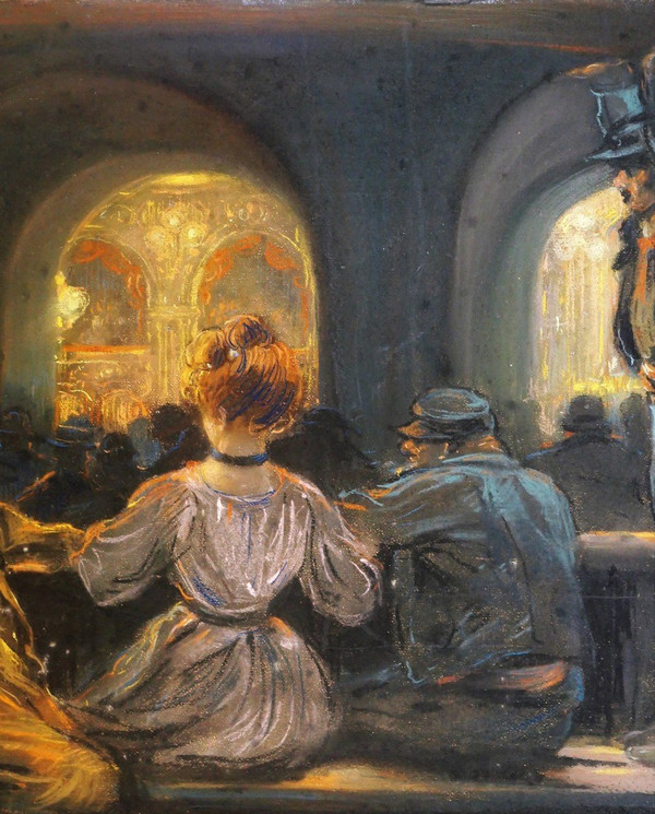 Léon DAX (19th-20th century) At the opera in the henhouse, large pastel, circa 1890-95