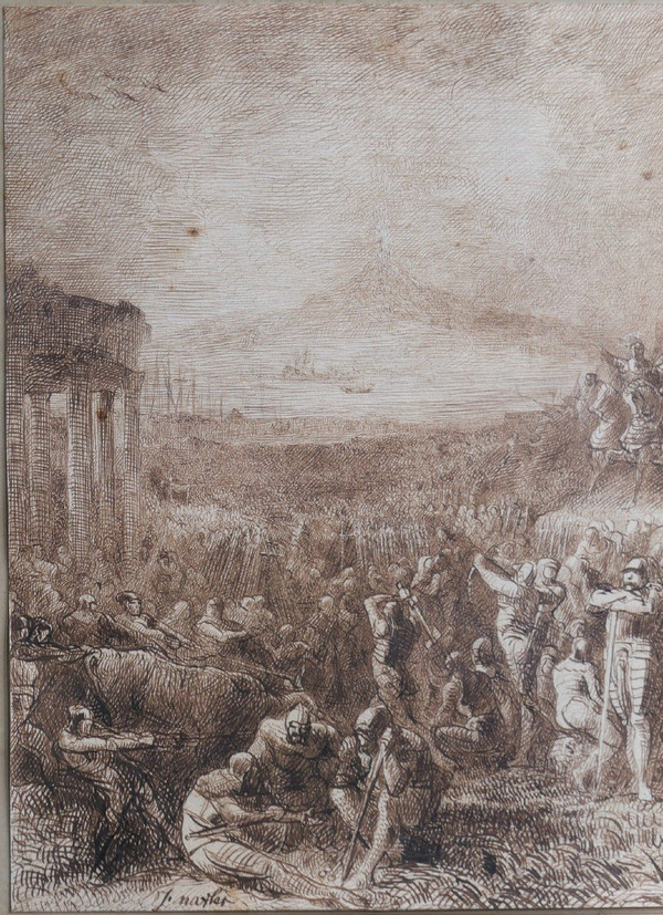 Joseph NAVLET (1821-1889) Scena di trionfo militare con vulcano in eruzione, disegno