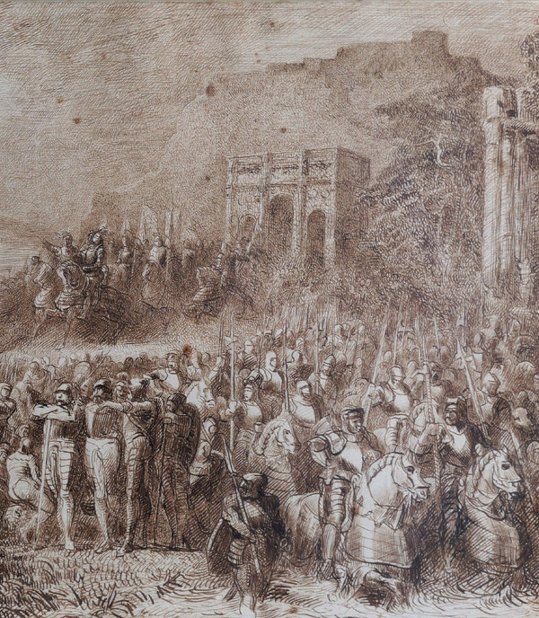 Joseph NAVLET (1821-1889) Scena di trionfo militare con vulcano in eruzione, disegno