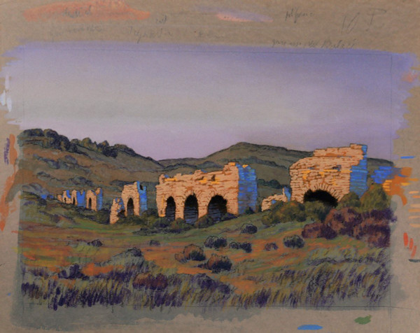 François-Etienne LAHAYE (1878-1949) Provence, Roman aqueduct (Barbegal?), drawing, circa 1920