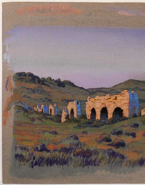 François-Etienne LAHAYE (1878-1949) Provence, Roman aqueduct (Barbegal?), drawing, circa 1920