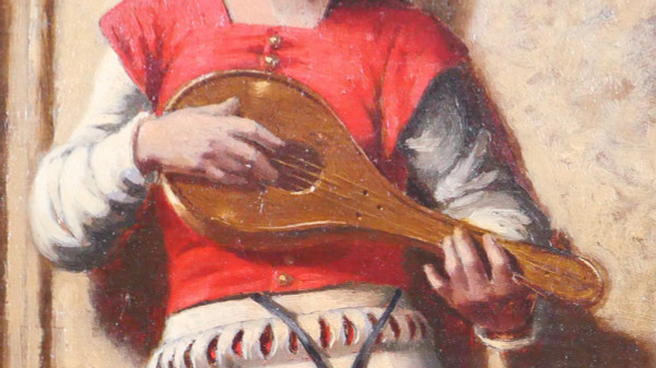 Troubadour school circa 1850, the mandolin player, painting