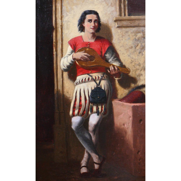 Troubadour school circa 1850, the mandolin player, painting