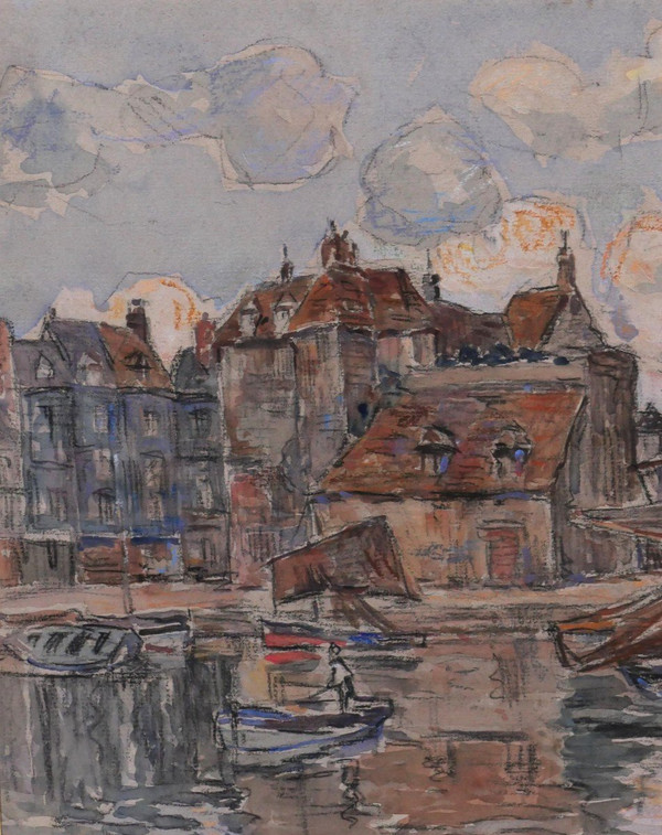 Léon LECLERC 1866-1930 Honfleur, vue du port et de la Lieutenance, aquarelle