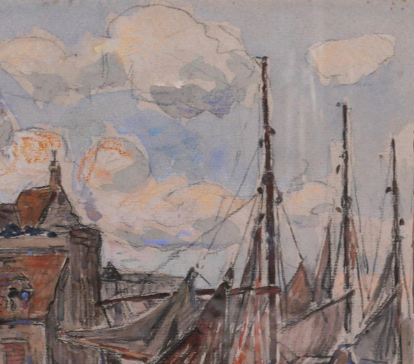 Léon LECLERC 1866-1930 Honfleur, veduta del porto e della Luogotenenza, acquerello