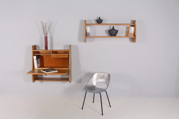 Elm wood secretary and hanging shelf.