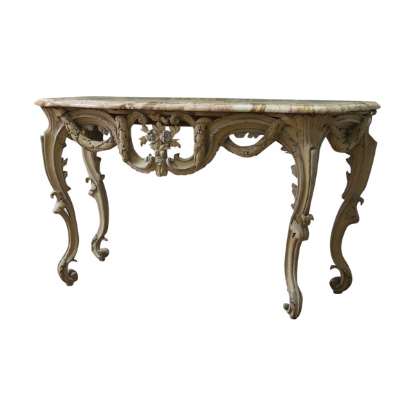 Grande console en tilleul sculpté et rechampi crème d'époque Louis XV