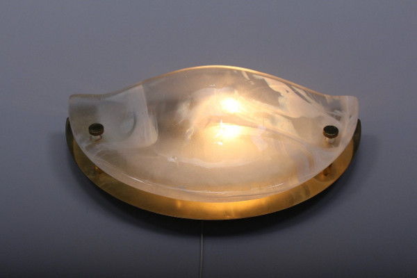 Pair Of Brass And Glass Half-Moon Sconces.