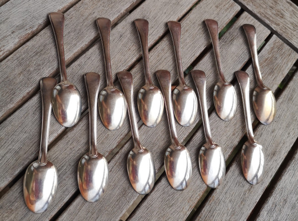 12 espresso/mocha spoons in solid silver, goldsmith's neck brace hallmark Tétard Frères