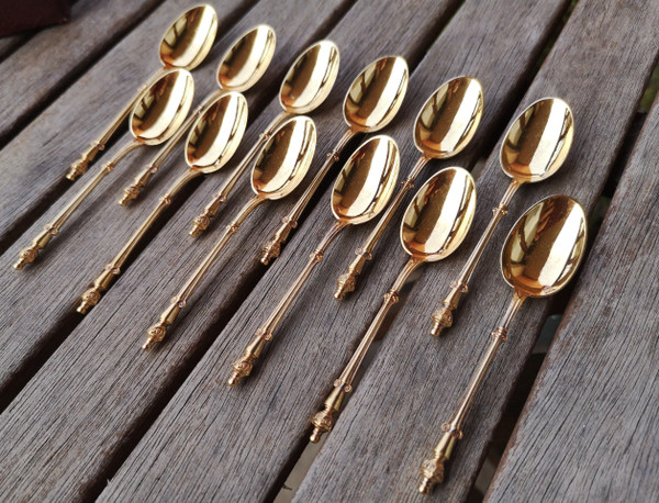 Box including 12 mocha spoons in vermeil neck brace hallmark goldsmith Hénin