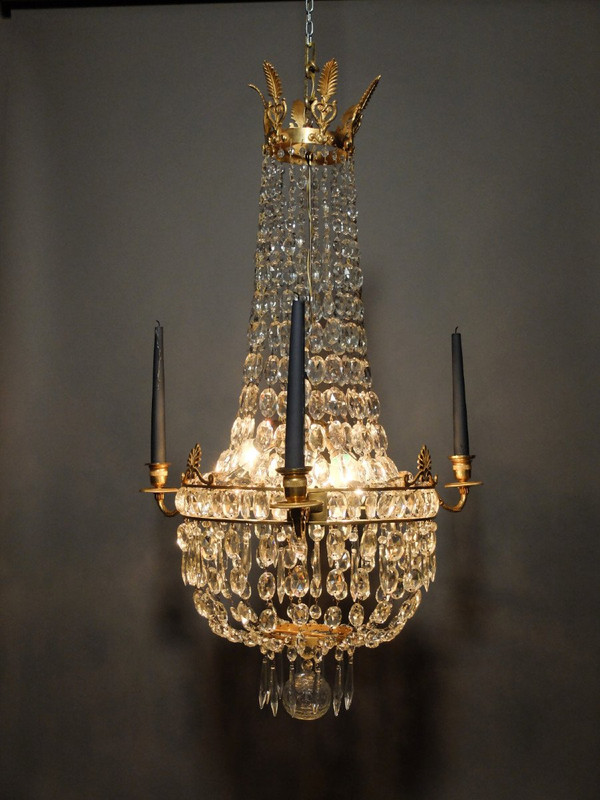 Empire ormolu and crystal basket chandelier