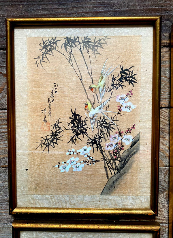 Set of four plus a large Japanese prints on rice paper 19th