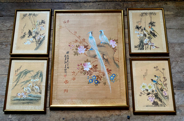 Set of four plus a large Japanese prints on rice paper 19th