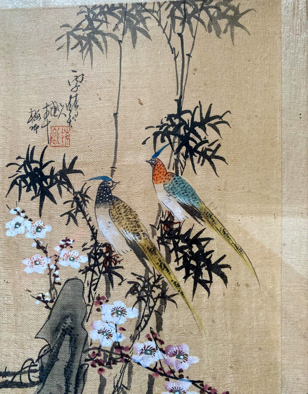 Set of four plus a large Japanese prints on rice paper 19th