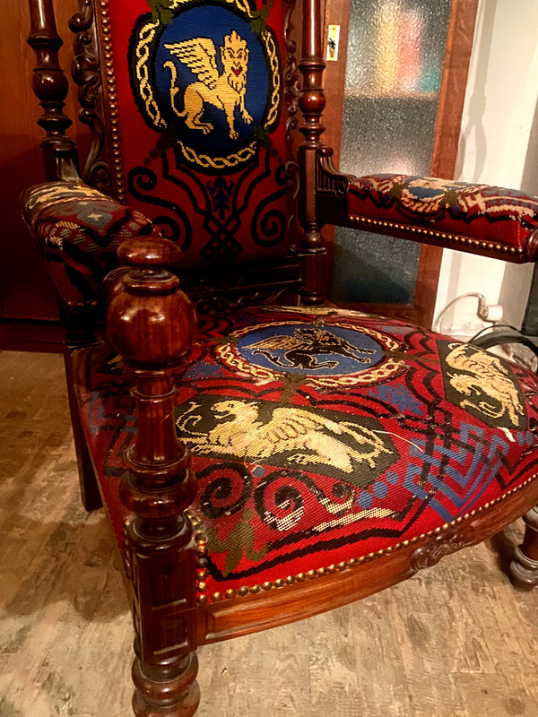 Important Napoleon III Renaissance-style armchair in rosewood upholstered with petit point tapestry.