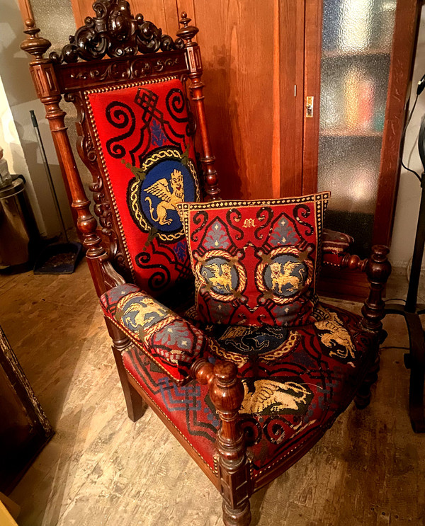 Important Napoleon III Renaissance-style armchair in rosewood upholstered with petit point tapestry.