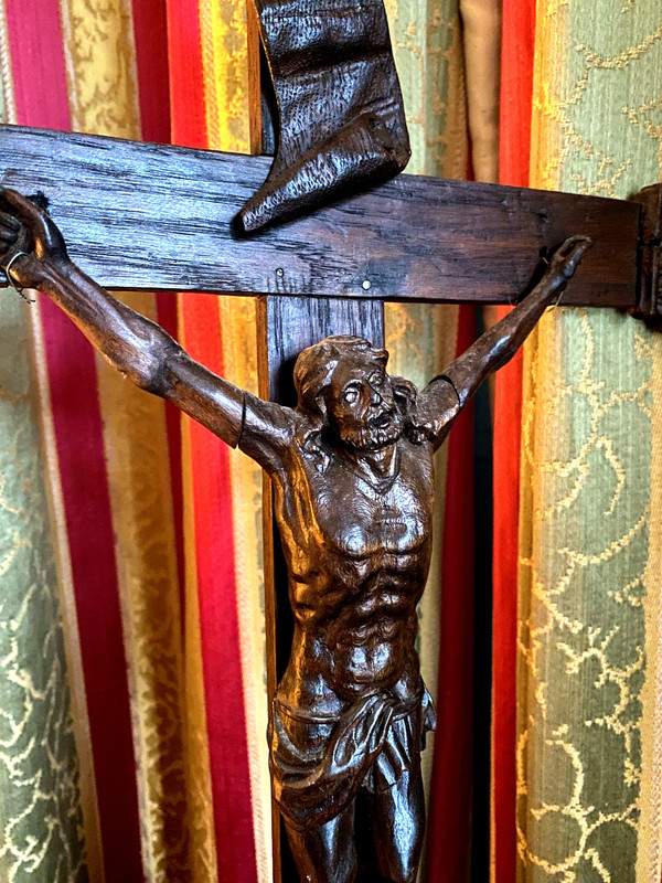 Large carved oak crucifix with patina 17th century regional folk art work