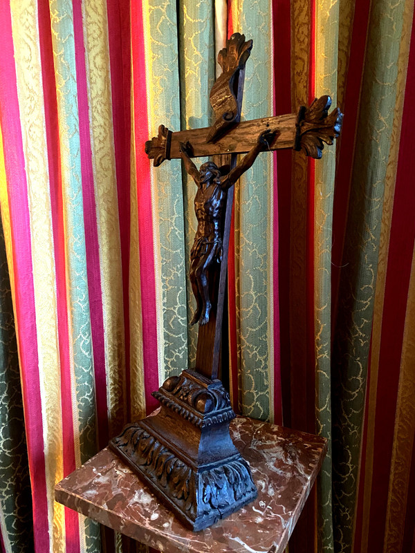 Large carved oak crucifix with patina 17th century regional folk art work