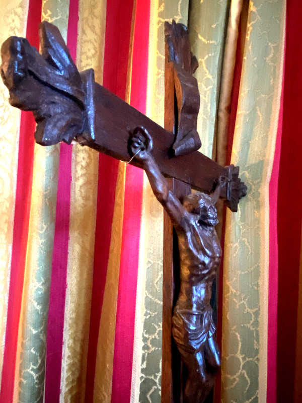 Large carved oak crucifix with patina 17th century regional folk art work