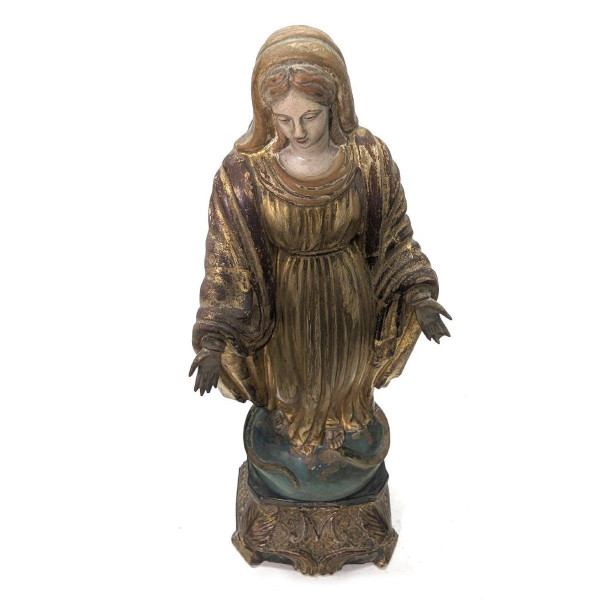 Sculpture De La Vierge En Terre Cuite XIXème Dorée à l'Or