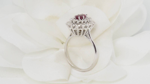 Double-encircled ring in white gold, rubies and diamonds