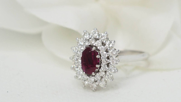 Double-encircled ring in white gold, rubies and diamonds