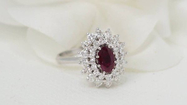 Double-encircled ring in white gold, rubies and diamonds