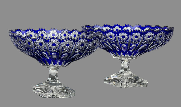 PAIR OF BOHEMIAN CUT CRYSTAL BLUE PEDESTAL GOBLETS